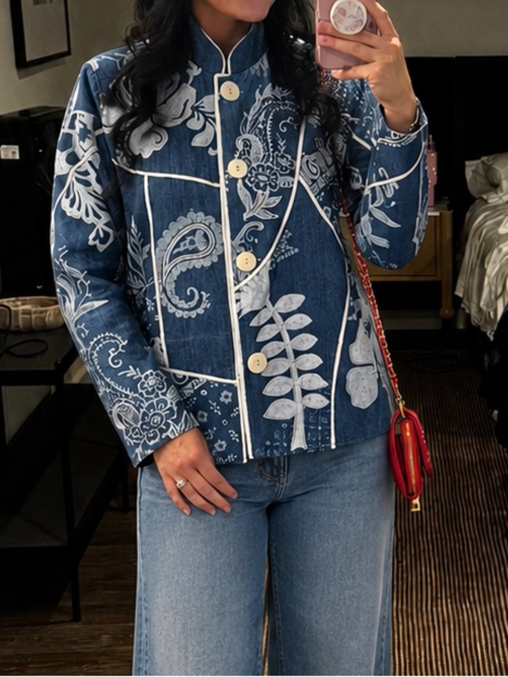 Vintage Hawaiian Paisley Print Denim Jacket Size Medium Oversized